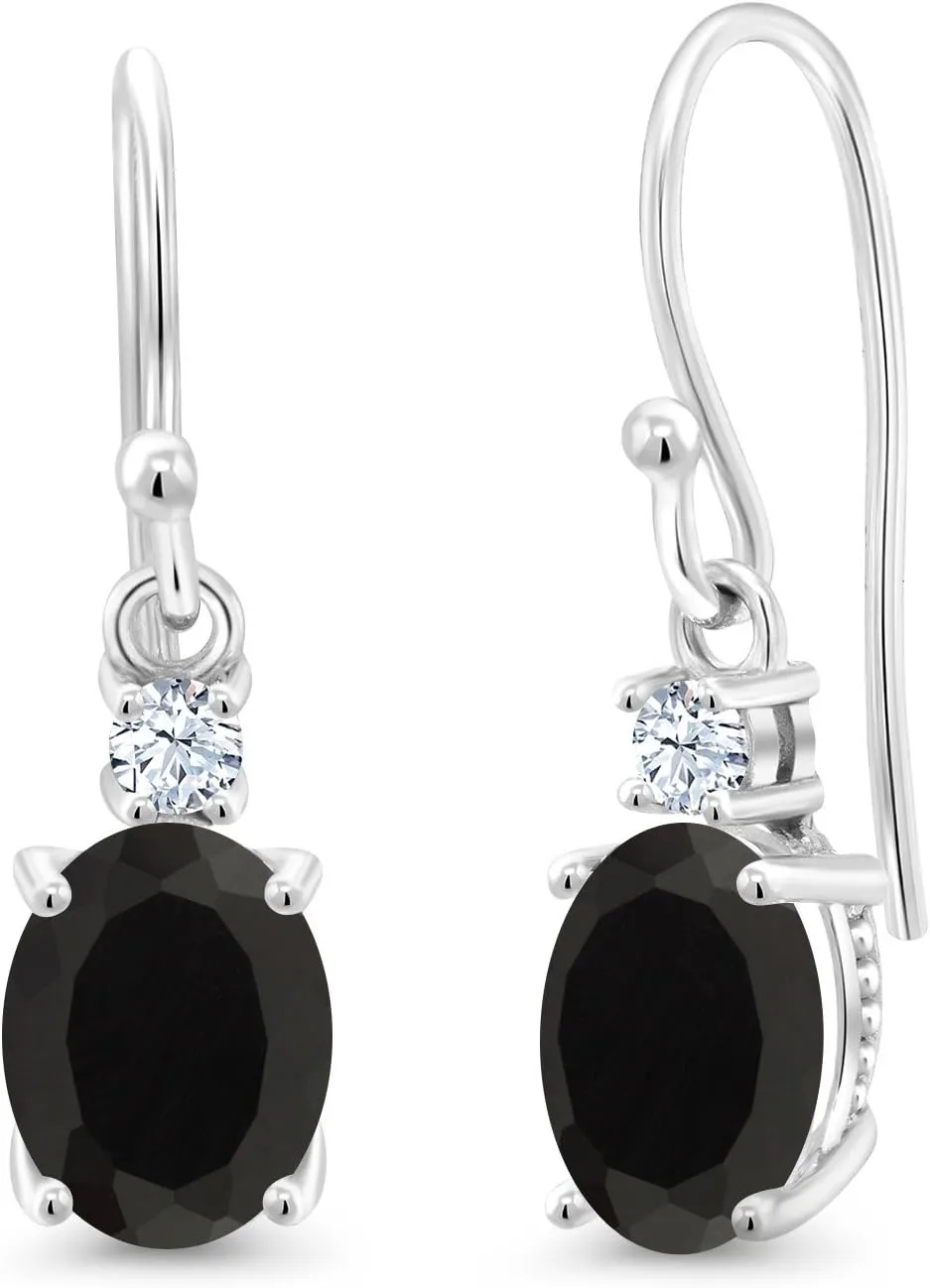 10K White Gold Gemstone Birthstone and White Created Sapphire Dangle Earrings For Women | Oval 8X6MM and Round 2.5MM | Elegant Drop Design with Classic French Wire Hooks | Fine Jewelry Earrings