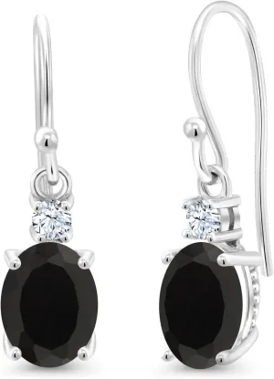 10K White Gold Gemstone Birthstone and White Created Sapphire Dangle Earrings For Women | Oval 8X6MM and Round 2.5MM | Elegant Drop Design with Classic French Wire Hooks | Fine Jewelry Earrings