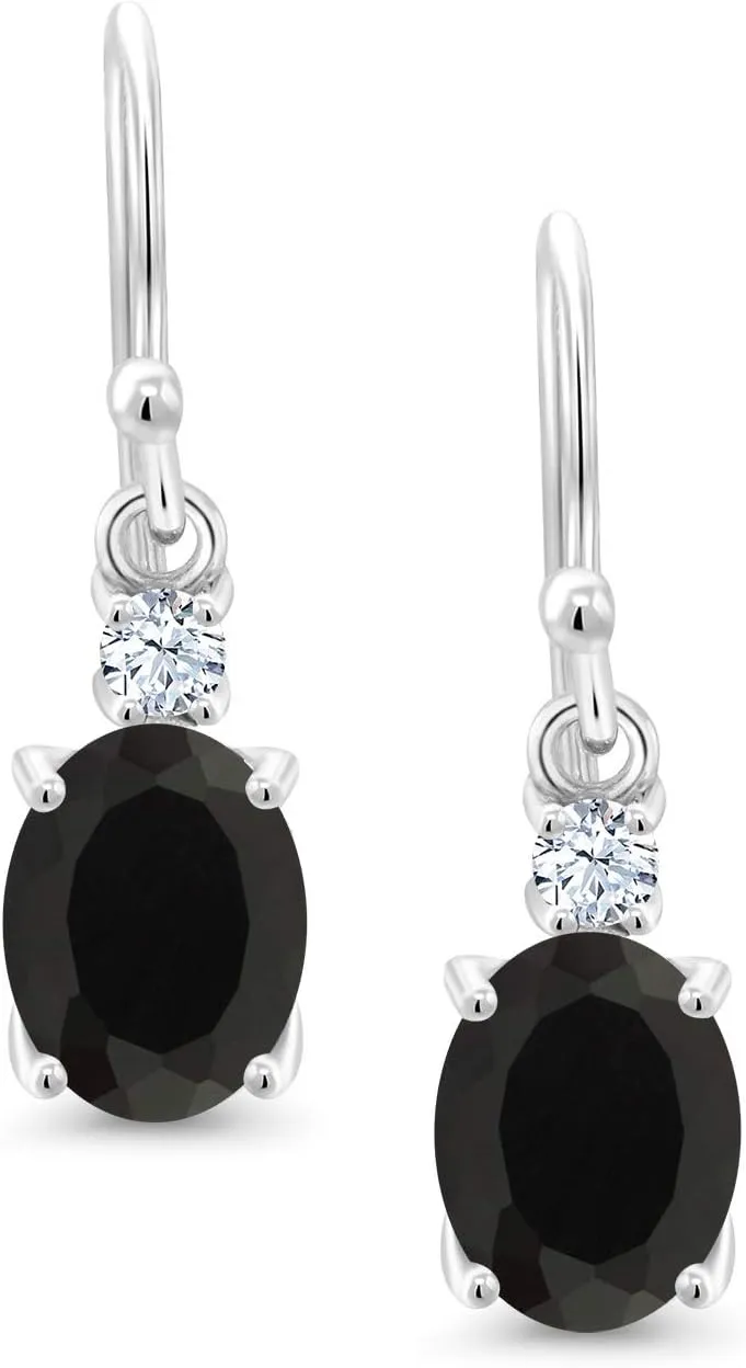 10K White Gold Gemstone Birthstone and White Created Sapphire Dangle Earrings For Women | Oval 8X6MM and Round 2.5MM | Elegant Drop Design with Classic French Wire Hooks | Fine Jewelry Earrings