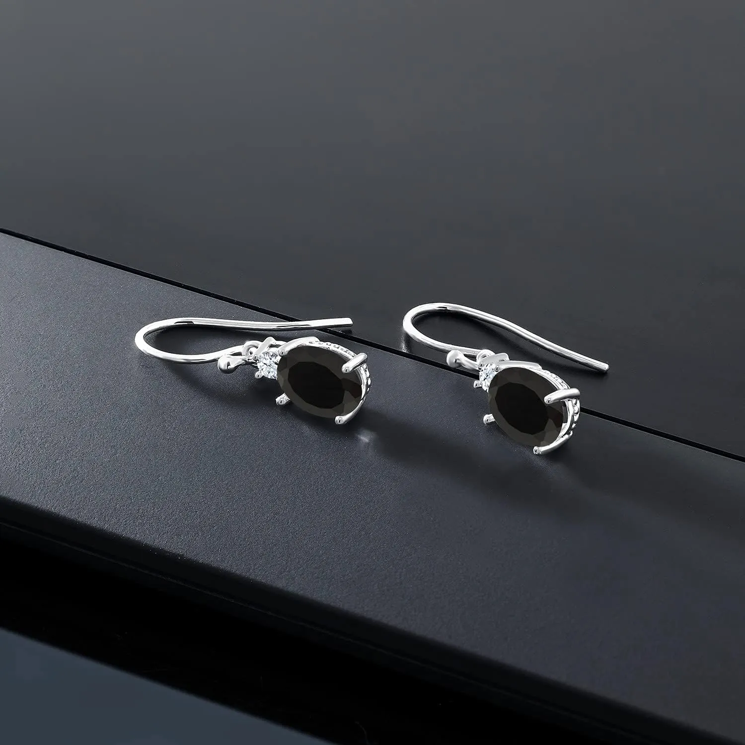 10K White Gold Gemstone Birthstone and White Created Sapphire Dangle Earrings For Women | Oval 8X6MM and Round 2.5MM | Elegant Drop Design with Classic French Wire Hooks | Fine Jewelry Earrings