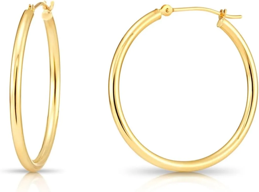 10K Yellow Gold Classic Shiny Polished Hoop Earrings, Plain Round Gold Hoops, Gold Earrings for Women and Men, 10K Real Gold