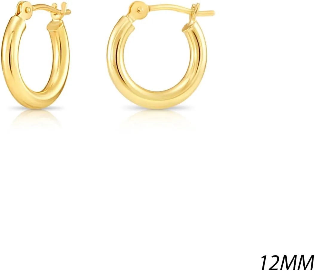 10K Yellow Gold Classic Shiny Polished Hoop Earrings, Plain Round Gold Hoops, Gold Earrings for Women and Men, 10K Real Gold
