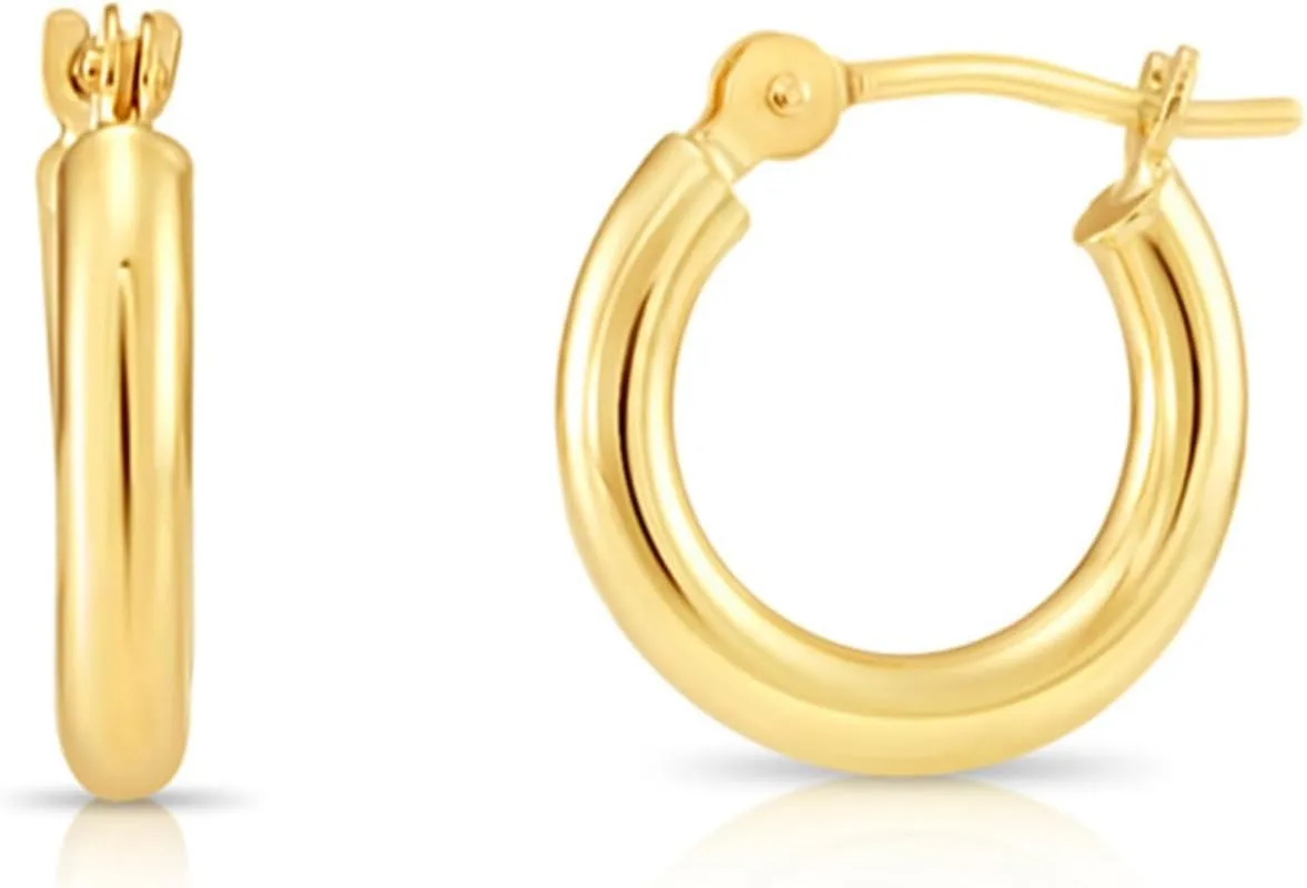 10K Yellow Gold Classic Shiny Polished Hoop Earrings, Plain Round Gold Hoops, Gold Earrings for Women and Men, 10K Real Gold