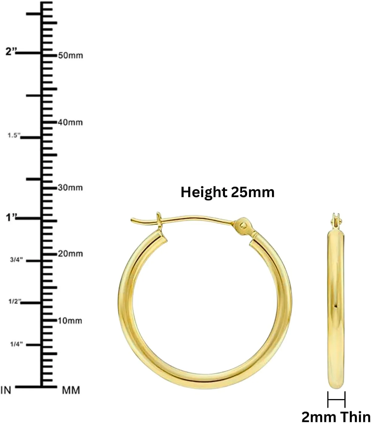 10K Yellow Gold Classic Shiny Polished Hoop Earrings, Plain Round Gold Hoops, Gold Earrings for Women and Men, 10K Real Gold