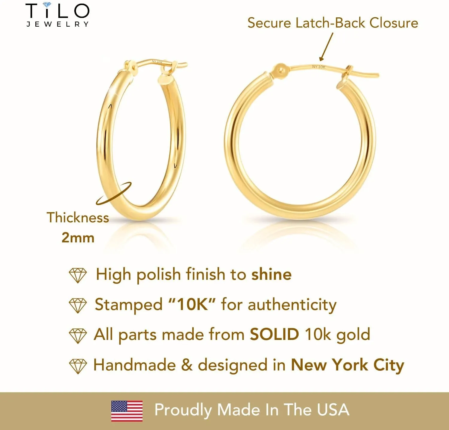 10K Yellow Gold Classic Shiny Polished Hoop Earrings, Plain Round Gold Hoops, Gold Earrings for Women and Men, 10K Real Gold
