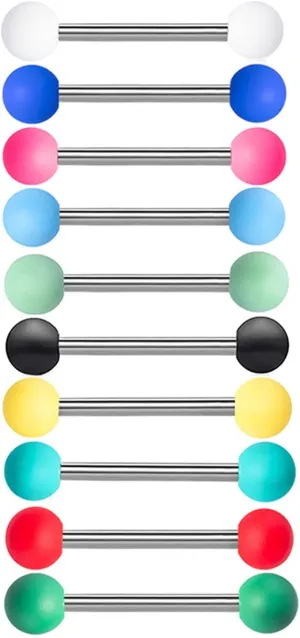 10Pcs 14G Stainless Steel Nipple Rings Solid Silicone Balls Straight Barbell Bars Tongue Ring 16mm(5/8Inch) Body Piercing Jewelry