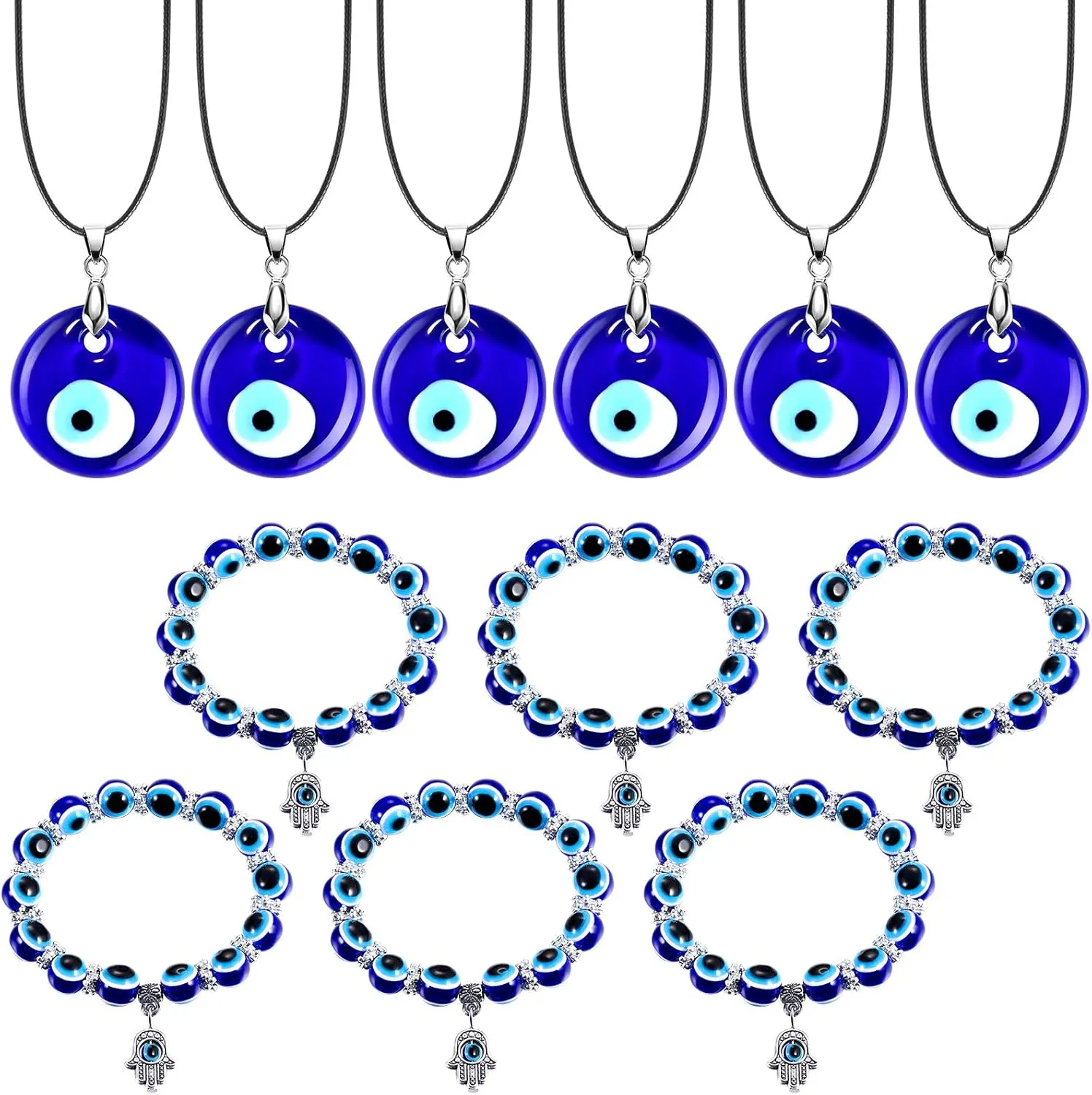 12-Piece Evil Eye Necklace & Bracelet Set - 6 Blue Turkish Glass Leather Rope Necklaces & 6 Hamsa Blue Beaded Charm Bracelets for Women & Men