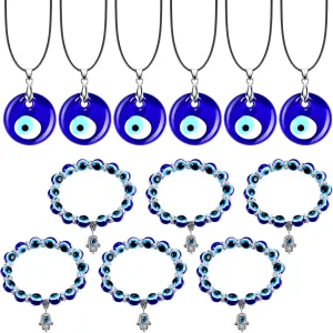 12-Piece Evil Eye Necklace & Bracelet Set - 6 Blue Turkish Glass Leather Rope Necklaces & 6 Hamsa Blue Beaded Charm Bracelets for Women & Men