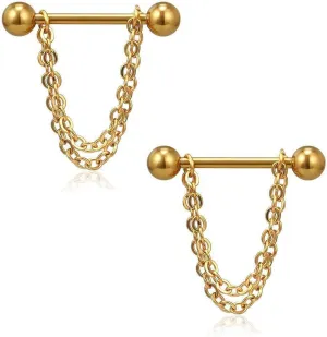 14G Stainless Steel Nipple Rings Chain Straight Barbell Bars Tongue Ring 16mm(5/8Inch) Body Piercing Jewelry
