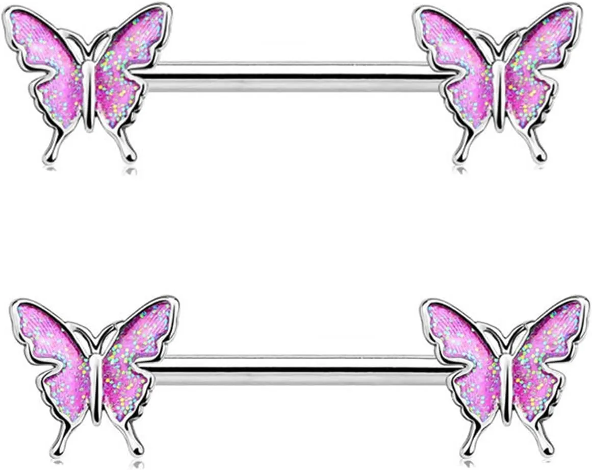 14G Stainless Steel Nipple Rings Colorful CZ Butterfly Straight Barbell Bars Tongue Ring 16mm(5/8Inch) Body Piercing Jewelry