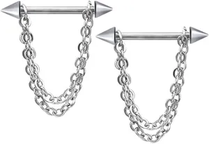 14G Stainless Steel Nipple Rings Cone Chain Straight Barbell Bars Tongue Ring 16mm(5/8Inch) Body Piercing Jewelry