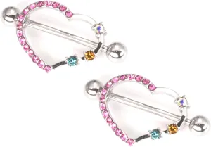 14G Stainless Steel Nipple Rings CZ Colorful Heart Straight Barbell Bars Tongue Ring 16mm(5/8Inch) Body Piercing Jewelry