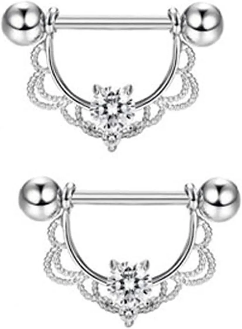14G Stainless Steel Nipple Rings CZ Flower Straight Barbell Bars Tongue Ring 16mm(5/8Inch) Body Piercing Jewelry