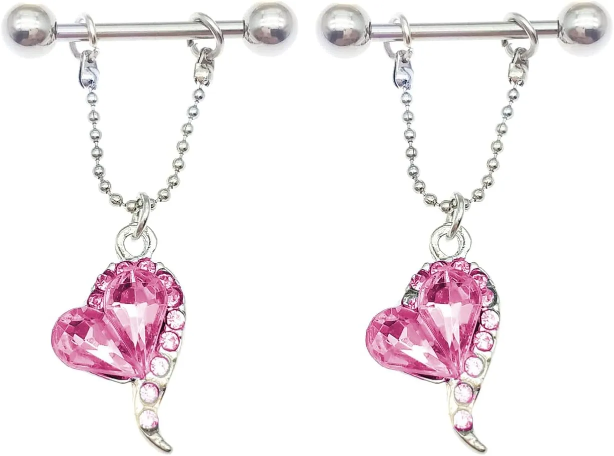 14G Stainless Steel Nipple Rings CZ Heart Chain Straight Barbell Bars Tongue Ring 16mm(5/8Inch) Body Piercing Jewelry
