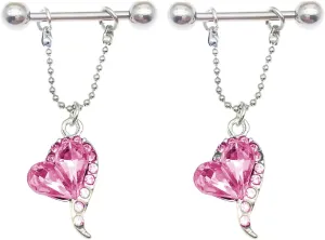14G Stainless Steel Nipple Rings CZ Heart Chain Straight Barbell Bars Tongue Ring 16mm(5/8Inch) Body Piercing Jewelry
