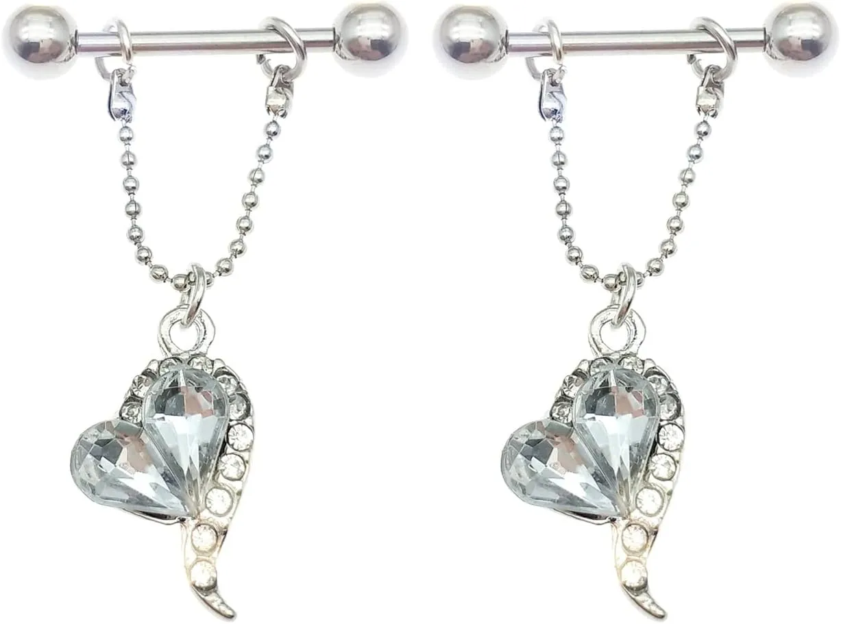 14G Stainless Steel Nipple Rings CZ Heart Chain Straight Barbell Bars Tongue Ring 16mm(5/8Inch) Body Piercing Jewelry