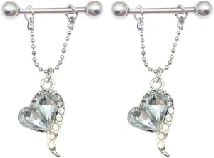 14G Stainless Steel Nipple Rings CZ Heart Chain Straight Barbell Bars Tongue Ring 16mm(5/8Inch) Body Piercing Jewelry