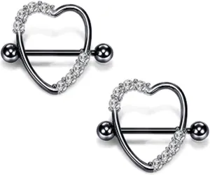 14G Stainless Steel Nipple Rings CZ Heart Straight Barbell Bars Tongue Ring 16mm(5/8Inch) Body Piercing Jewelry