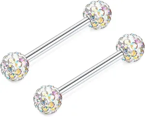 14G Stainless Steel Nipple Rings Glitter CZ Bioplast Balls Straight Barbell Bars Tongue Ring 14mm(9/16Inch) Body Piercing Jewelry