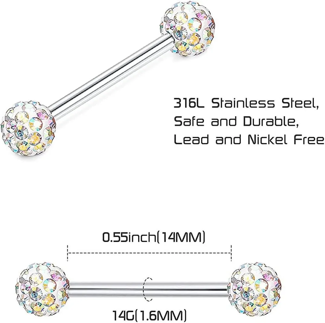 14G Stainless Steel Nipple Rings Glitter CZ Bioplast Balls Straight Barbell Bars Tongue Ring 14mm(9/16Inch) Body Piercing Jewelry
