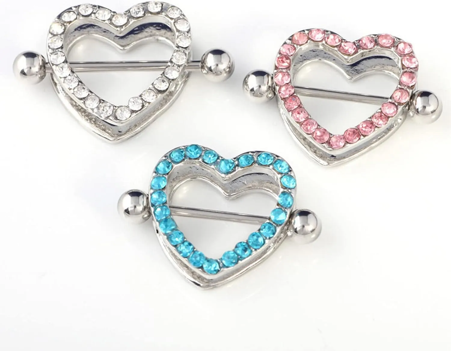 14G Stainless Steel Nipple Rings Glitter CZ Double Hearts Straight Barbell Bars Tongue Ring 14mm(9/16Inch) Body Piercing Jewelry