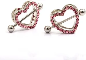 14G Stainless Steel Nipple Rings Glitter CZ Double Hearts Straight Barbell Bars Tongue Ring 14mm(9/16Inch) Body Piercing Jewelry