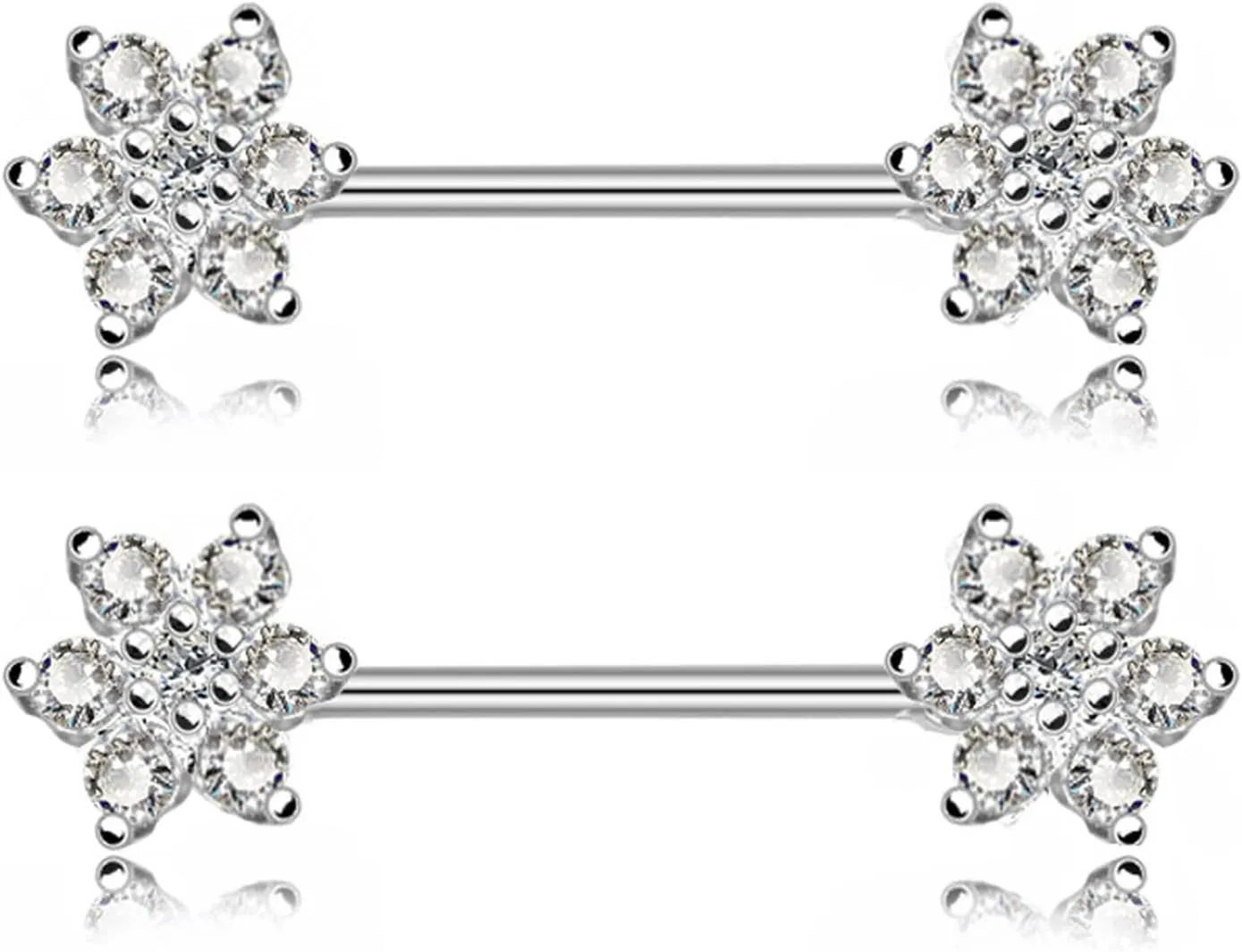 14G Stainless Steel Nipple Rings Glitter CZ Flower Straight Barbell Bars Tongue Ring 16mm(5/8Inch) Body Piercing Jewelry
