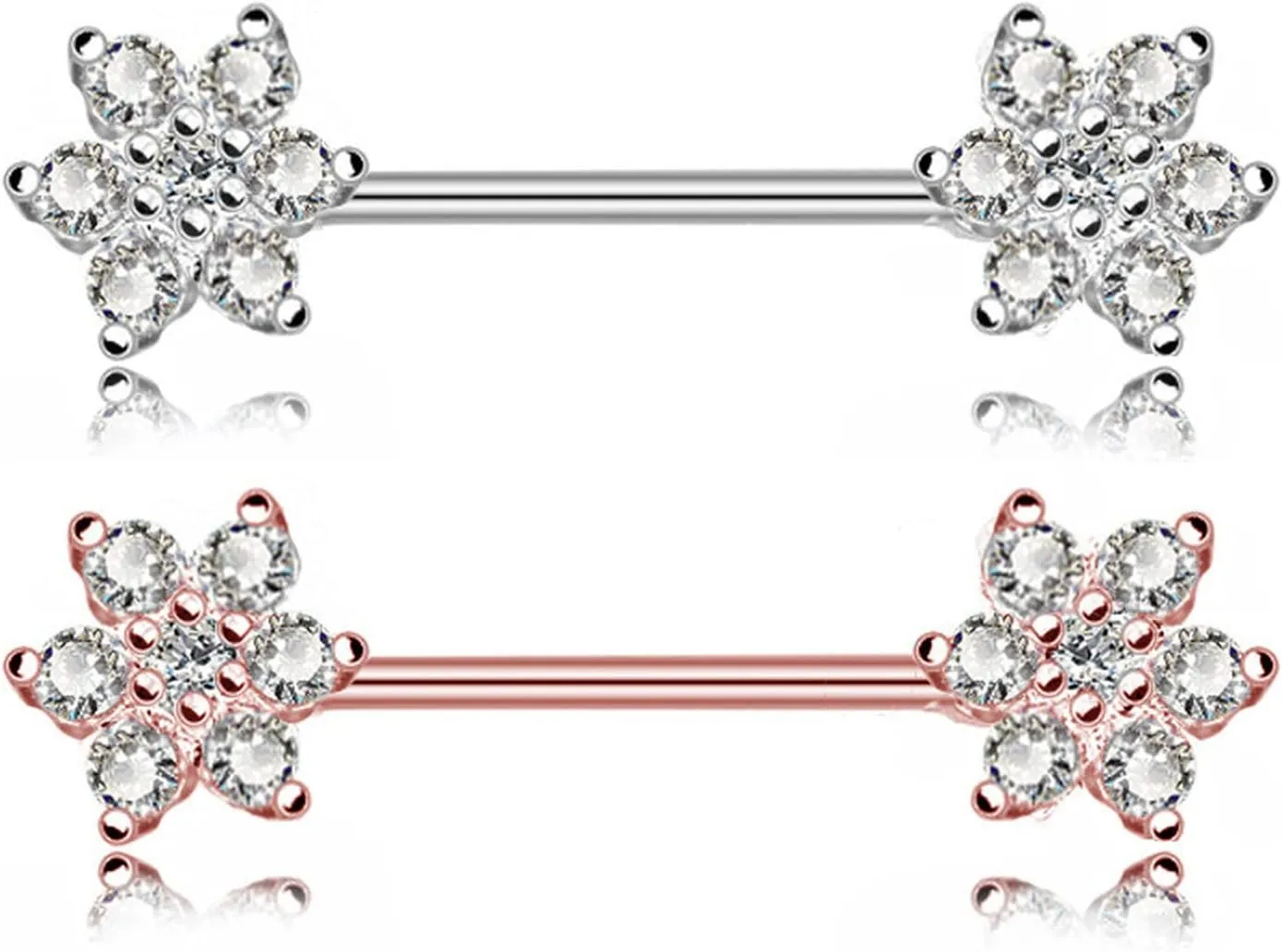 14G Stainless Steel Nipple Rings Glitter CZ Flower Straight Barbell Bars Tongue Ring 16mm(5/8Inch) Body Piercing Jewelry