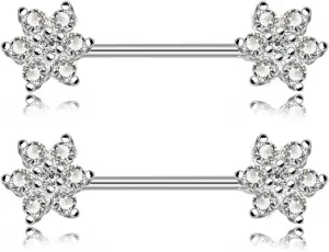 14G Stainless Steel Nipple Rings Glitter CZ Flower Straight Barbell Bars Tongue Ring 16mm(5/8Inch) Body Piercing Jewelry