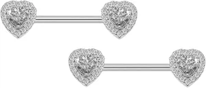 14G Stainless Steel Nipple Rings Glitter CZ Heart Straight Barbell Bars Tongue Ring 16mm(5/8Inch) Body Piercing Jewelry