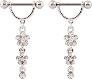 14G Stainless Steel Nipple Rings Glitter CZ Silver Flower Straight Barbell Bars Tongue Ring 16mm(5/8Inch) Body Piercing Jewelry