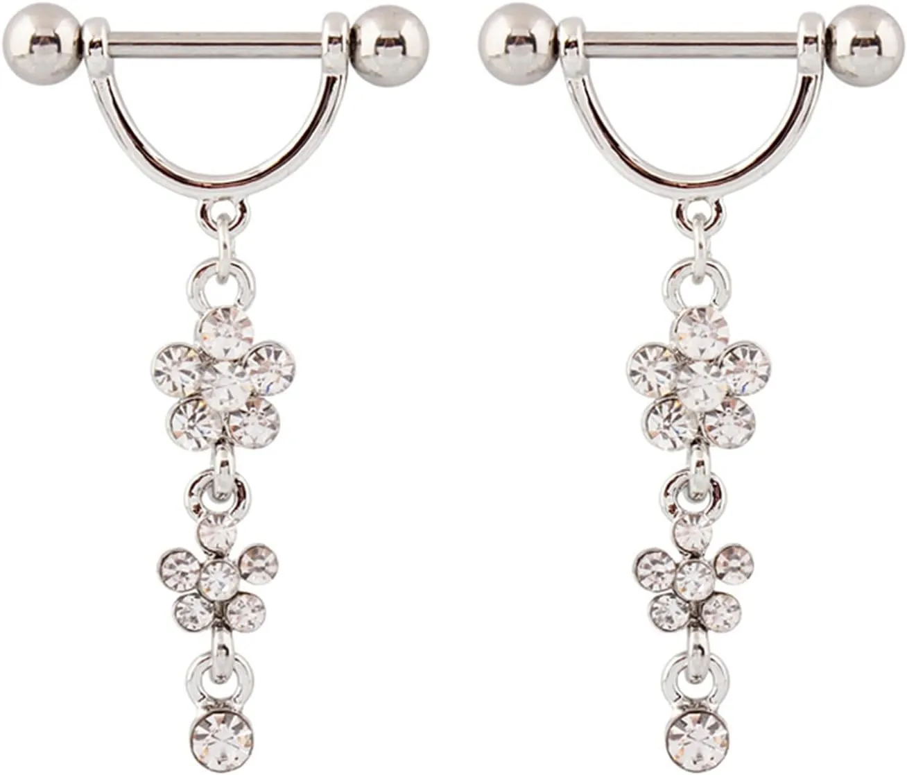 14G Stainless Steel Nipple Rings Glitter CZ Silver Flower Straight Barbell Bars Tongue Ring 16mm(5/8Inch) Body Piercing Jewelry