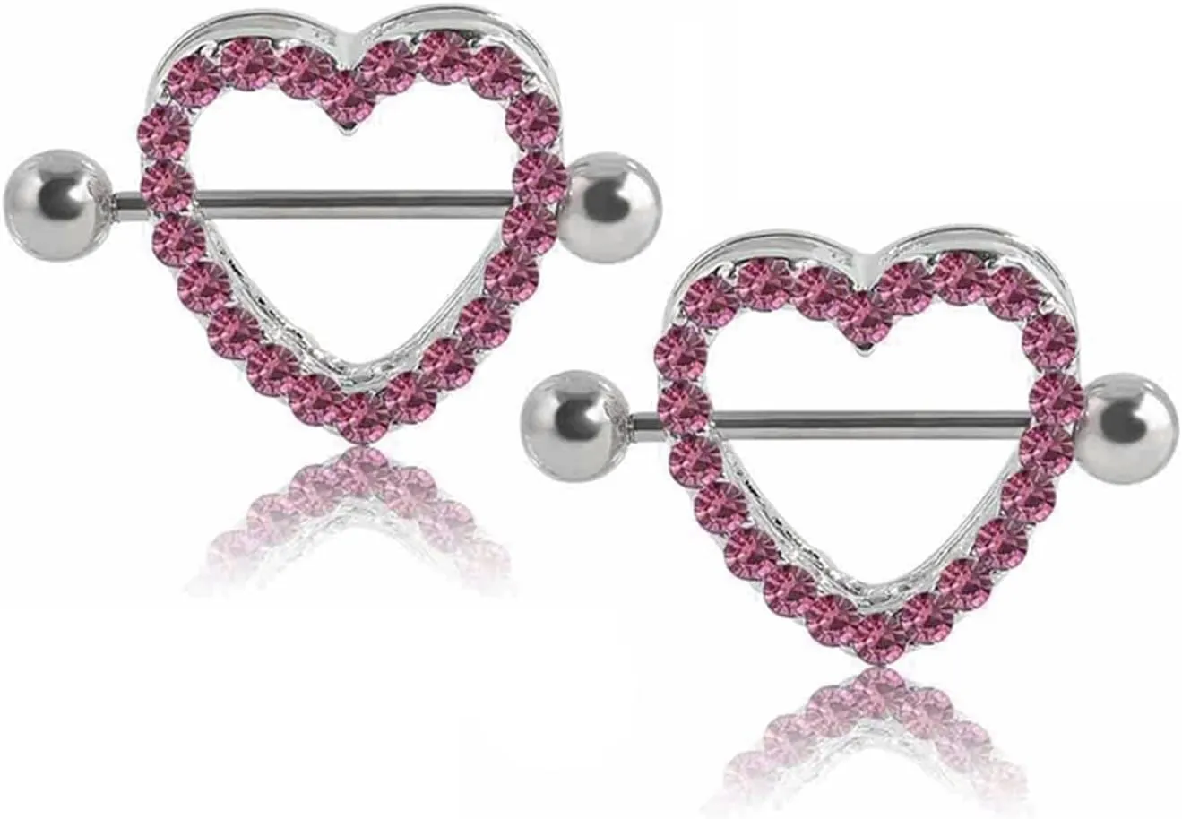 14G Stainless Steel Nipple Rings Glitter CZ Silver Heart Straight Barbell Bars Tongue Ring 16mm(5/8Inch) Body Piercing Jewelry
