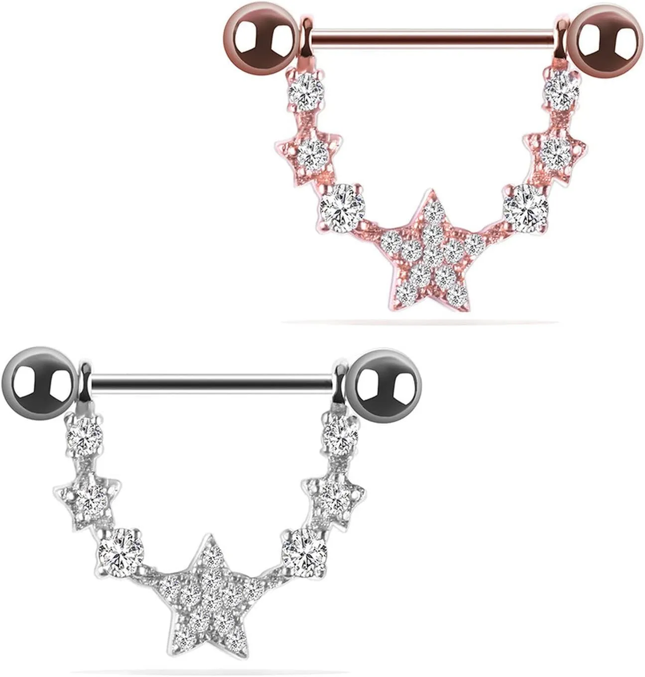 14G Stainless Steel Nipple Rings Glitter CZ Stars Straight Barbell Bars Tongue Ring 16mm(5/8Inch) Body Piercing Jewelry