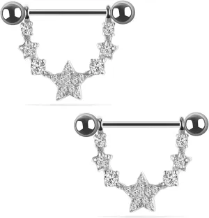 14G Stainless Steel Nipple Rings Glitter CZ Stars Straight Barbell Bars Tongue Ring 16mm(5/8Inch) Body Piercing Jewelry