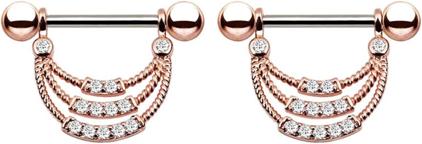 14G Stainless Steel Nipple Rings Glitter CZ U-Shape Chain Straight Barbell Bars Tongue Ring 16mm(5/8Inch) Body Piercing Jewelry