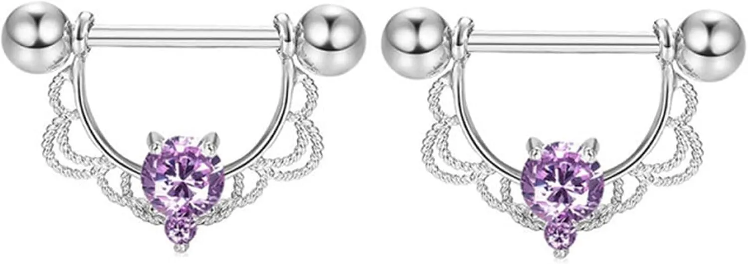 14G Stainless Steel Nipple Rings Glitter CZ U-Shape Flower Straight Barbell Bars Tongue Ring 16mm(5/8Inch) Body Piercing Jewelry