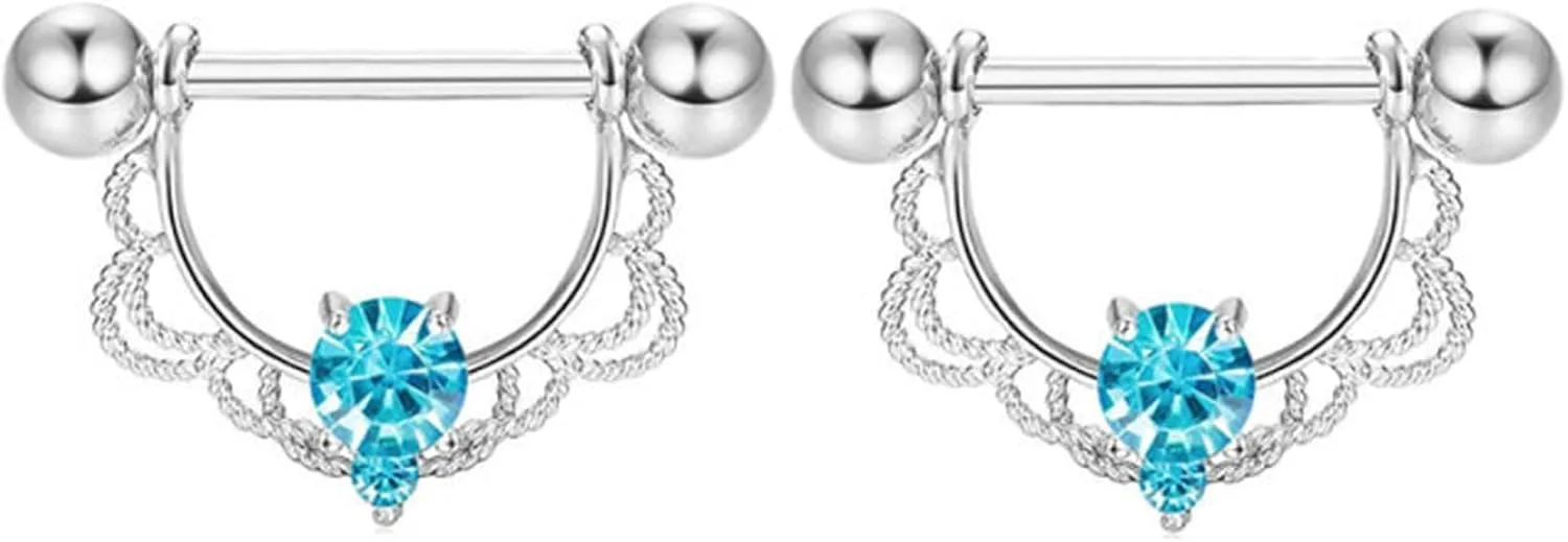 14G Stainless Steel Nipple Rings Glitter CZ U-Shape Flower Straight Barbell Bars Tongue Ring 16mm(5/8Inch) Body Piercing Jewelry