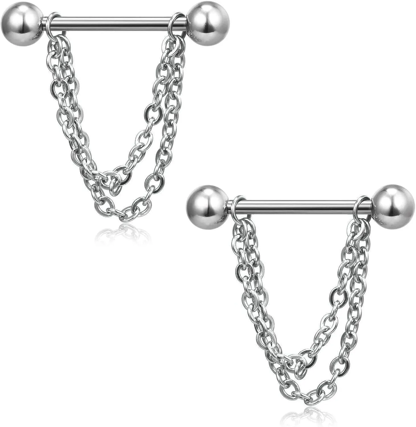 14G Stainless Steel Nipple Rings Silver Chain Straight Barbell Bars Tongue Ring 16mm(5/8Inch) Body Piercing Jewelry