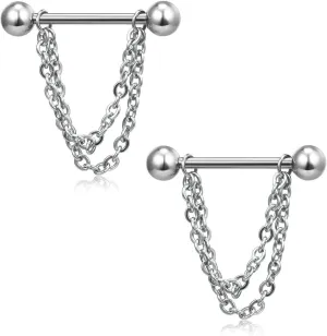 14G Stainless Steel Nipple Rings Silver Chain Straight Barbell Bars Tongue Ring 16mm(5/8Inch) Body Piercing Jewelry