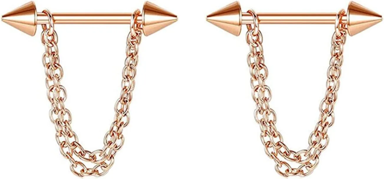 14G Stainless Steel Nipple Rings Solid Cone Chain Straight Barbell Bars Tongue Ring 16mm(5/8Inch) Body Piercing Jewelry