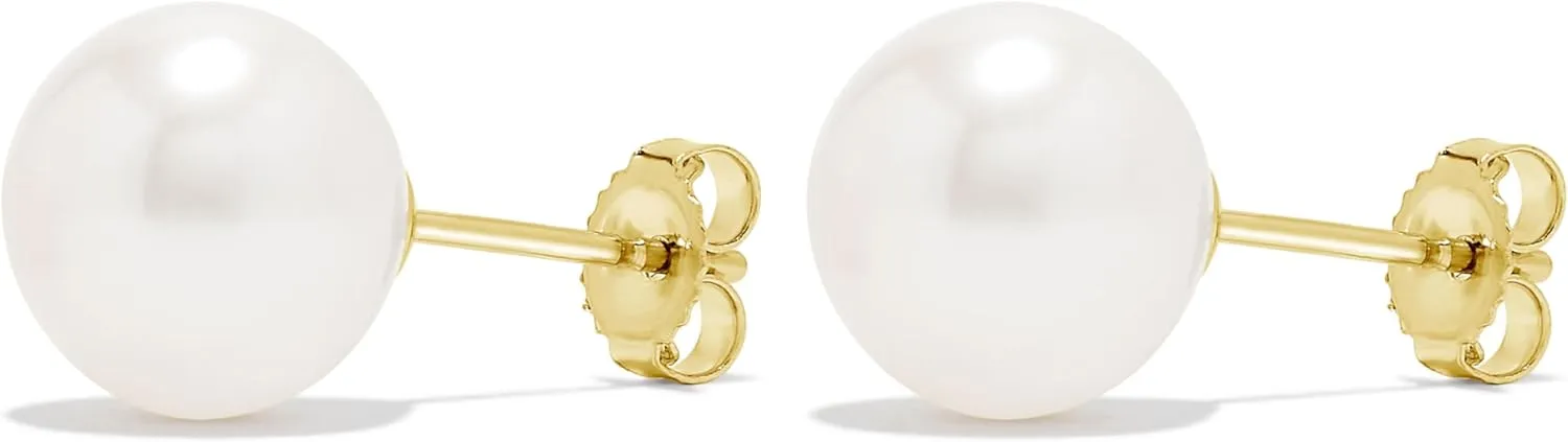 14K Gold AAA Round White Freshwater Cultured Pearl Classic Bridal Stud Earrings - Choice of Pearl Size