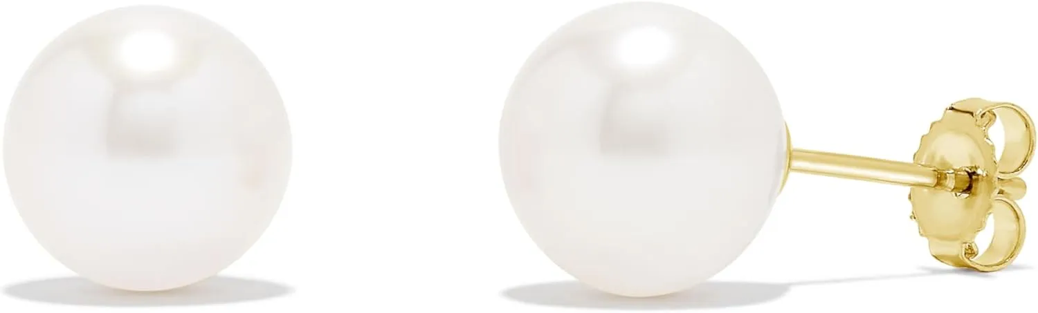 14K Gold AAA Round White Freshwater Cultured Pearl Classic Bridal Stud Earrings - Choice of Pearl Size
