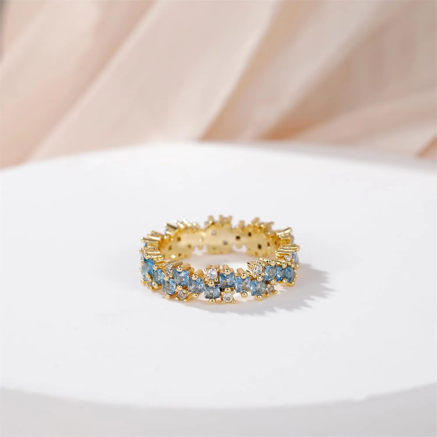 14K Gold Plated Eternity Ring Band for Women Princess Cut Created Blue Aquamarine CZ Stackable Wedding Promise Rings for Her Size 5-10