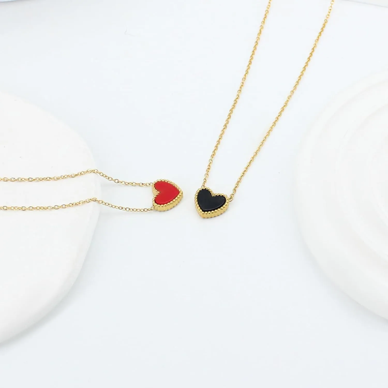 14K Gold Plated Heart Necklaces for Women, Red, Black and White Love Locket Necklace with Shell Accents, Stylish Jewelry Gift for Women