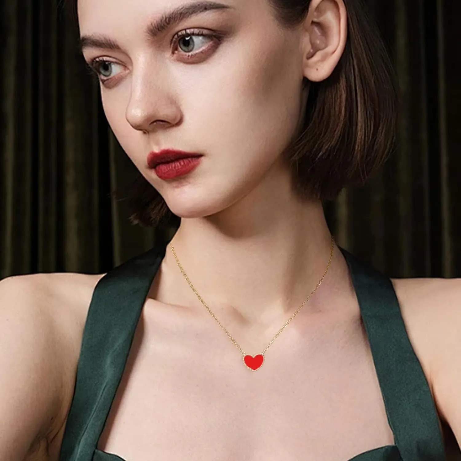 14K Gold Plated Heart Necklaces for Women, Red, Black and White Love Locket Necklace with Shell Accents, Stylish Jewelry Gift for Women