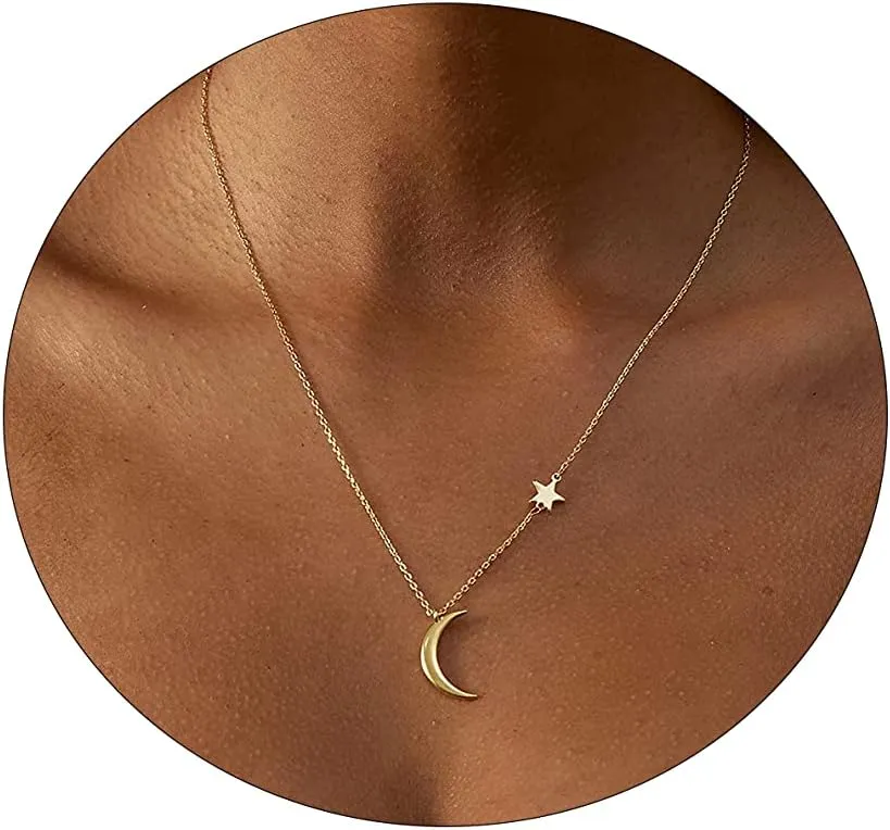 14k Gold/Silver Plated Crescent Moon Necklace Tiny Moon and Star NecklaceDainty Sun Leaf Necklace Gold Pendant Necklace for Women Delicate Minimalist Jewelry