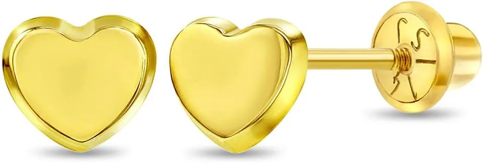 14k Yellow Gold Classic Little Heart Screw Back Earring Stud for Babies and Toddlers 4mm - Children's Heart Safety Screw Back Earrings - Daily Use Dainty Earring Studs For Baby Girls