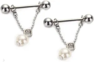 16G Stainless Steel Nipple Rings Chain Pearl Straight Barbell Bars Tongue Ring 16mm(5/8Inch) Body Piercing Jewelry