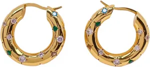18K Gold Plated Hoop Earrings for Women, Vintage Style with Colored Cubic Zirconia, Hypoallergenic Heavy-Weight Jewelry, 25MM, Brass, AAA Cubic Zirconia